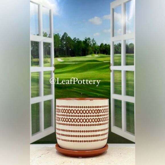 Azahar Orange/White Ceramic Planter Pot with Saucer Attached - Picture 1 of 10